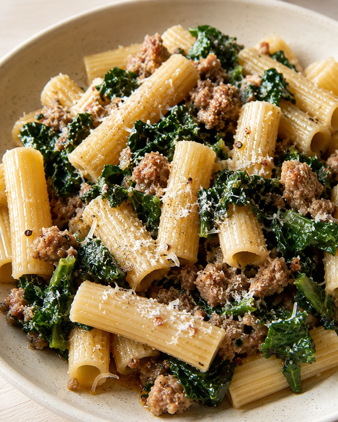 Rigatoni pasta with kale and sausage in a light beige bowl.