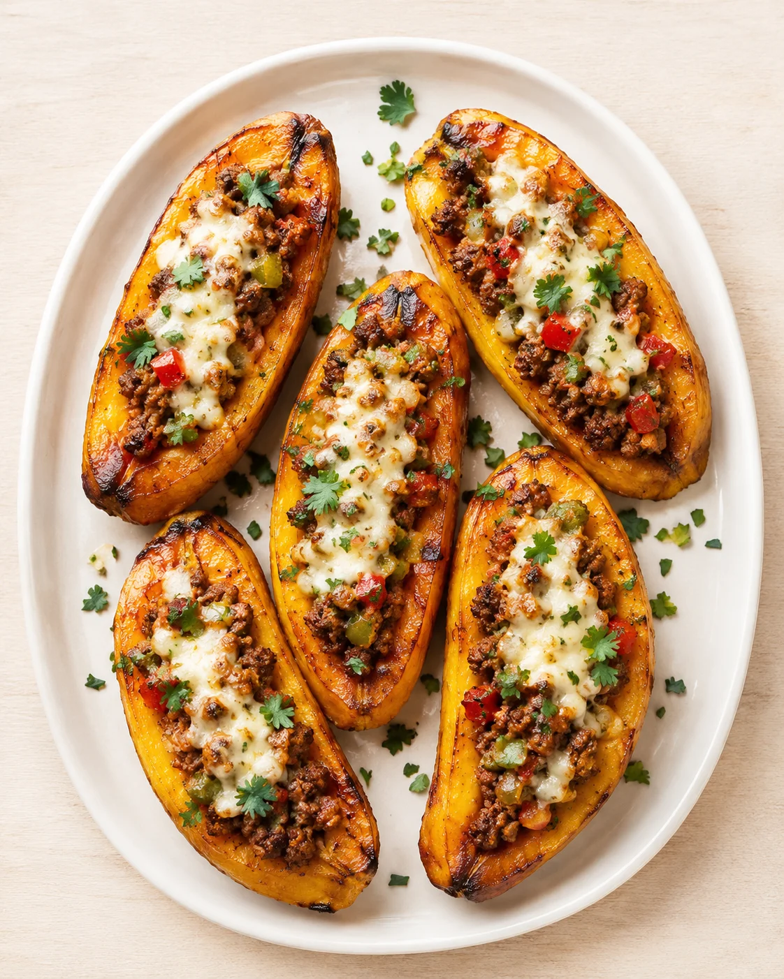 five roasted stuffed squash halves on a white oval plate topped with cheese and herbs