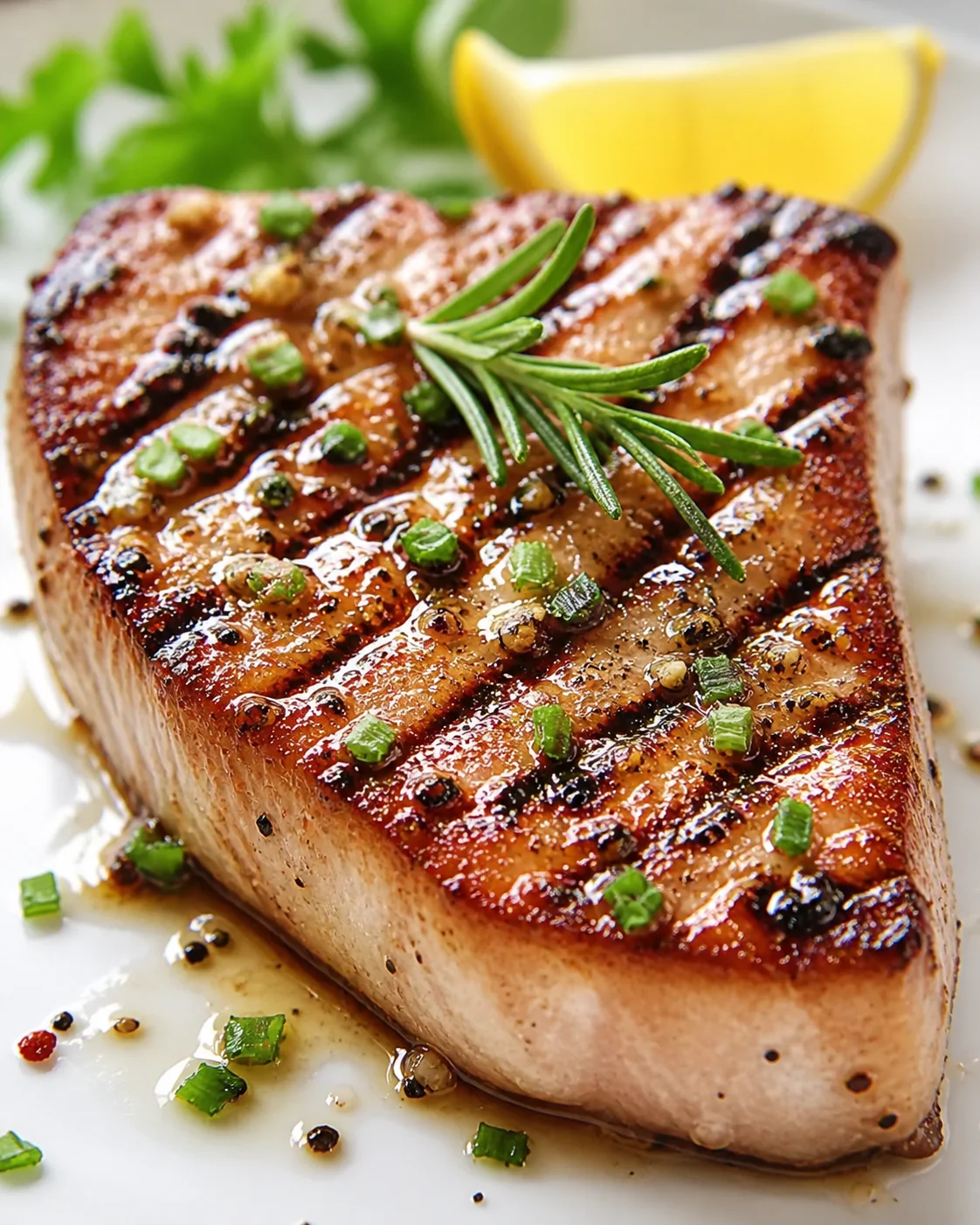thick pork chop with grill marks, rosemary sprig, chopped green onions, lemon wedge in background