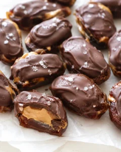 glossy chocolate-peanut-butter bites with sea salt on parchment