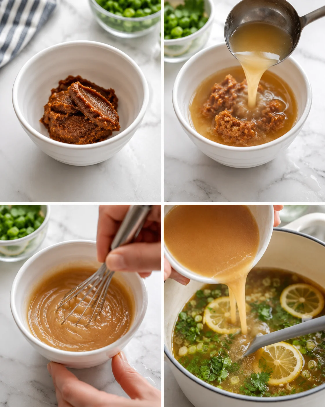 Four-panel collage showing a brown paste, pouring broth, whisking a sauce, and lemon-scented broth poured into a pot.