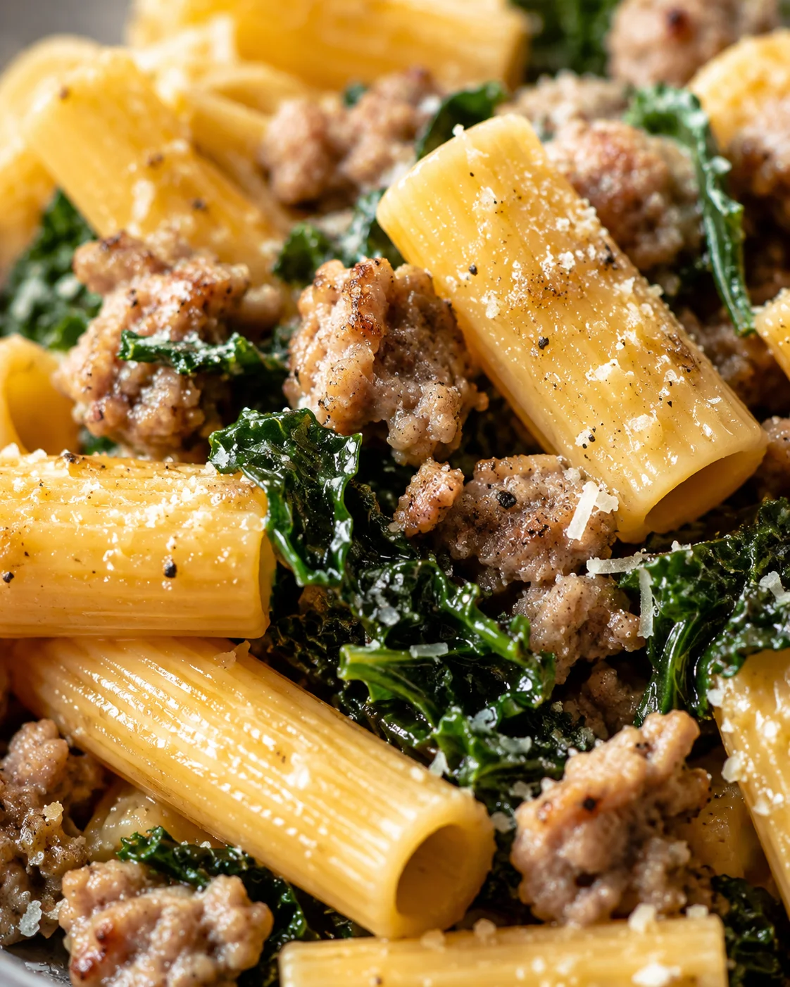 Close-up of rigatoni pasta with sausage, kale, and grated parmesan in a skillet.