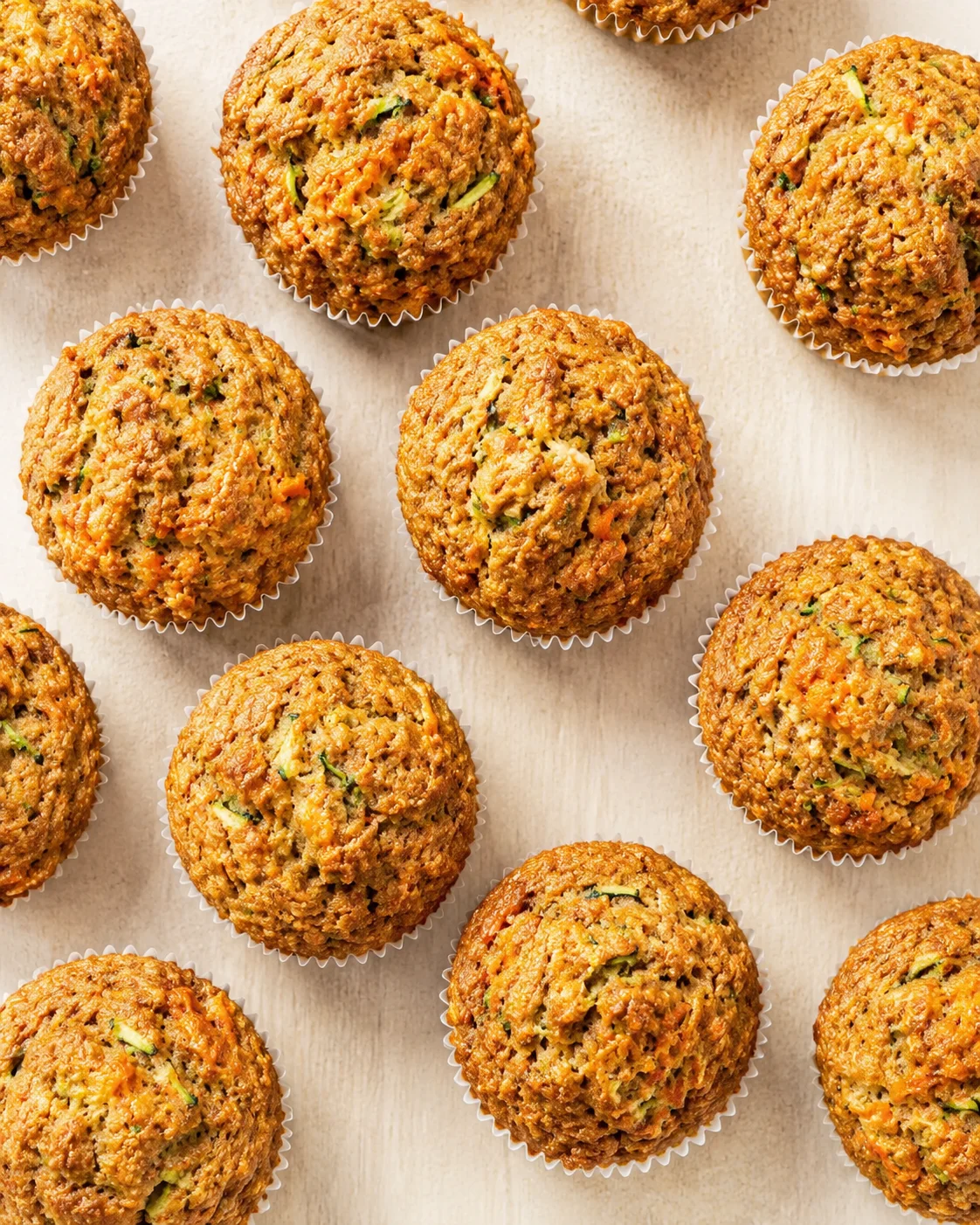 Golden-brown savory muffins with carrot and zucchini bits in white paper liners on a parchment background.