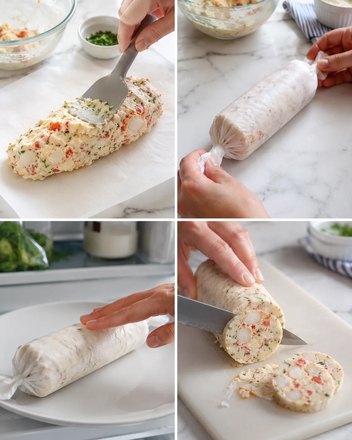 collage showing steps to shape a herbed cheese log and slice into pinwheel rounds