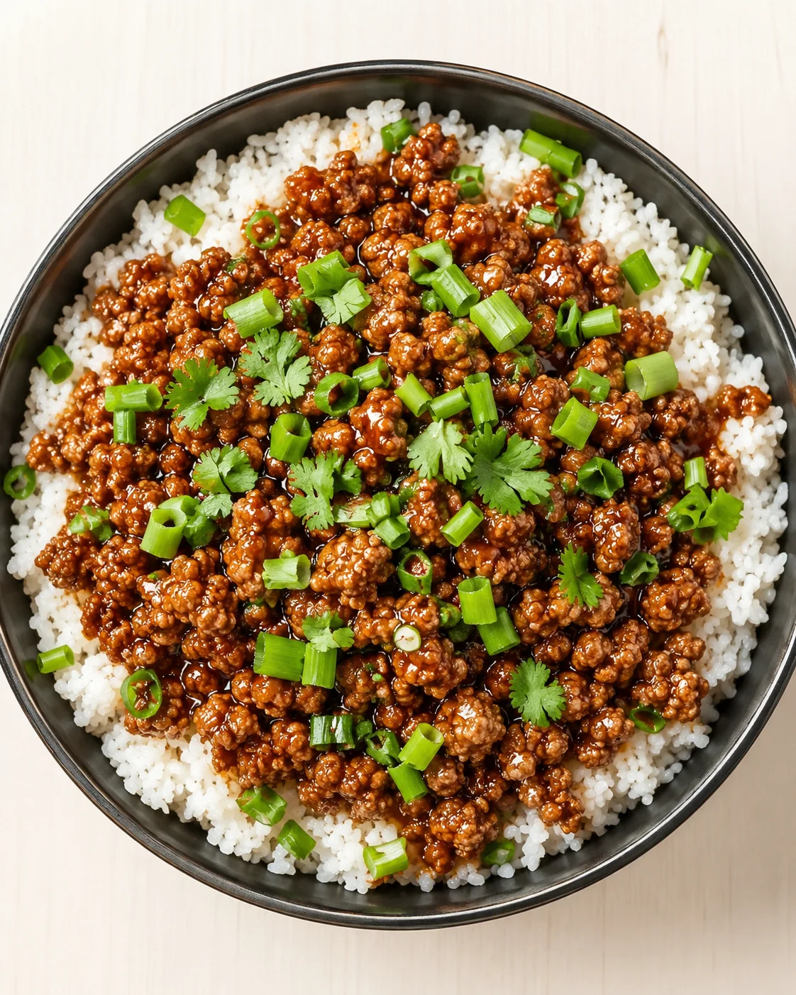 bowl of white rice topped with glossy ground beef in brown sauce, garnished with green onions and cilantro.