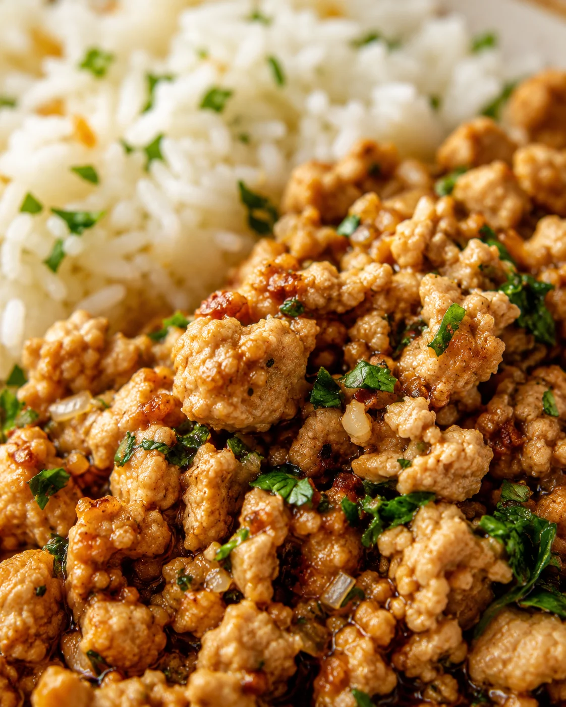 Close-up of browned ground meat with herbs beside fluffy white rice