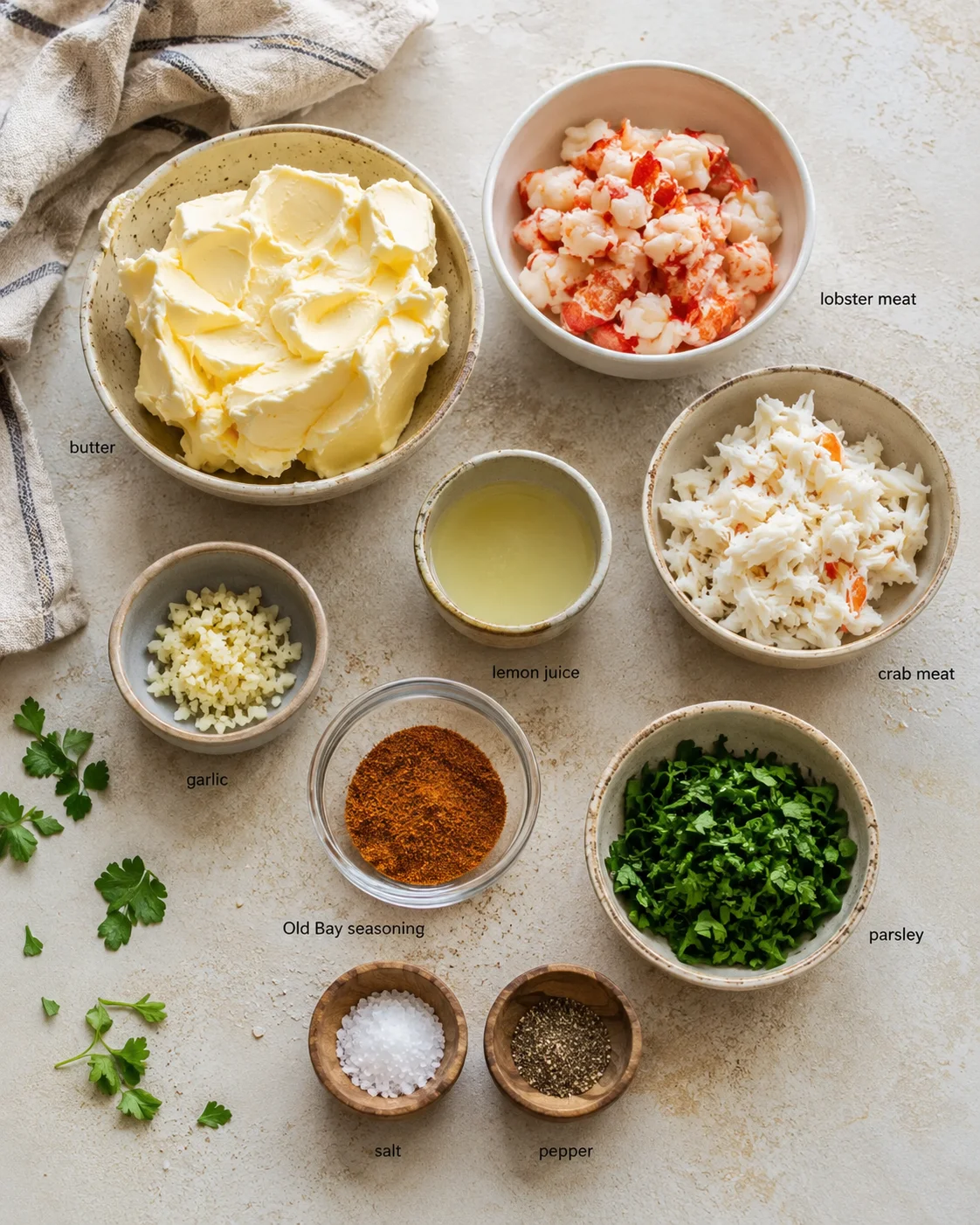 Top-down view of bowls containing butter, crab meat, lobster meat, garlic, lemon juice, parsley, and spices.