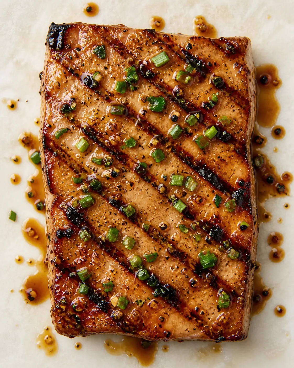 close-up of a glazed, grilled salmon fillet topped with chopped green onions on parchment