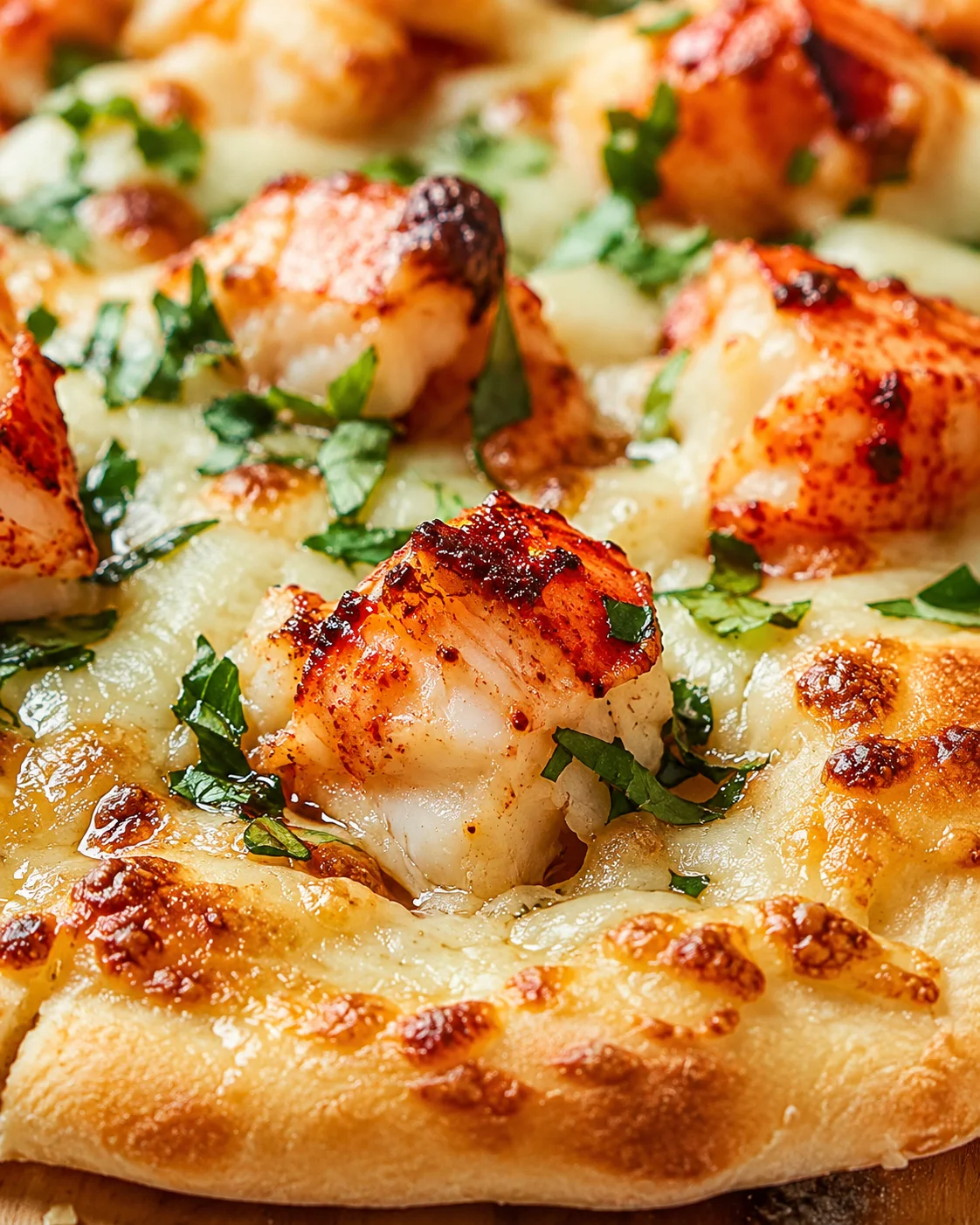close-up of a golden-brown pizza topped with seared scallops and chopped parsley