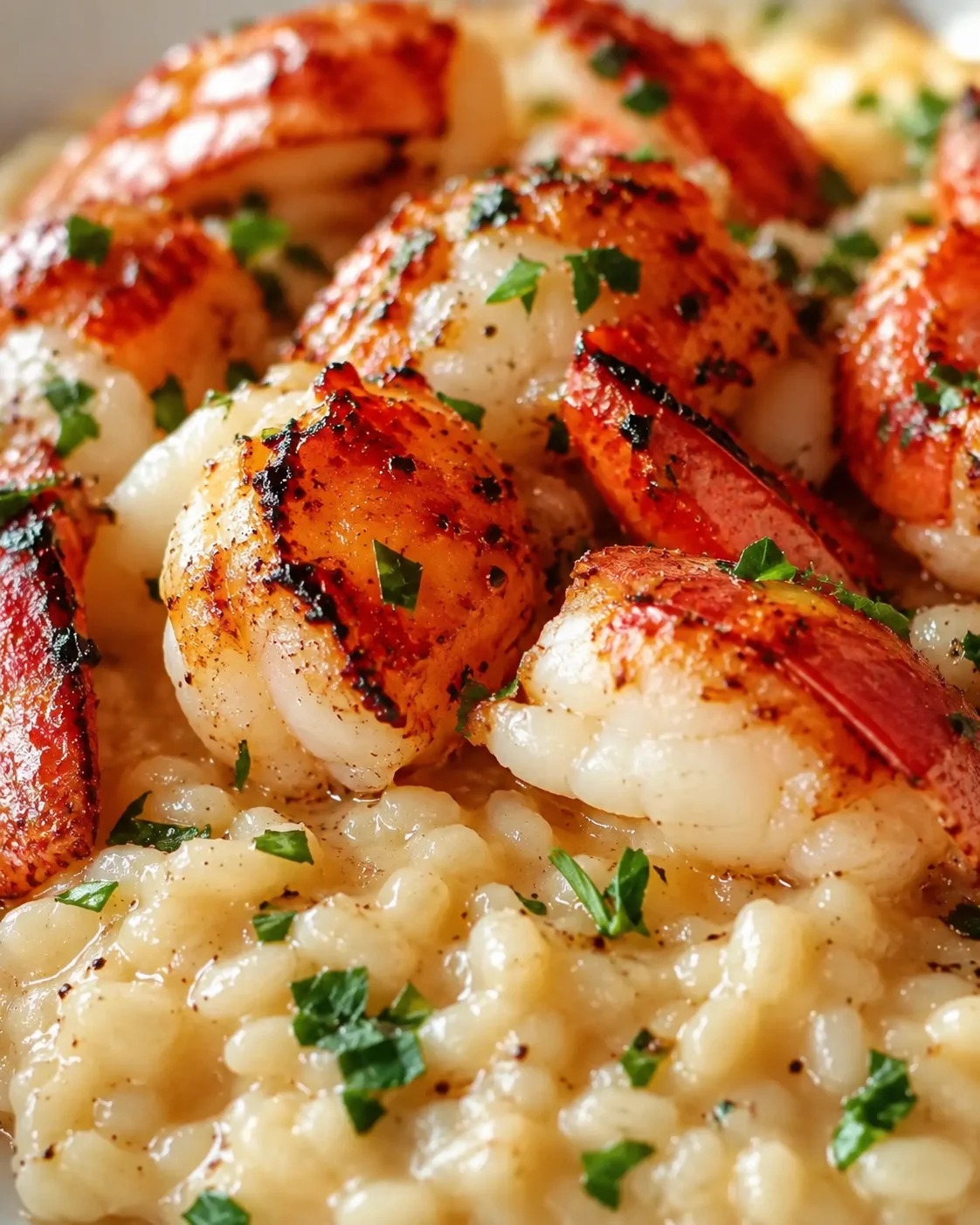 Close-up of seared shrimp atop creamy risotto, sprinkled with chopped parsley.