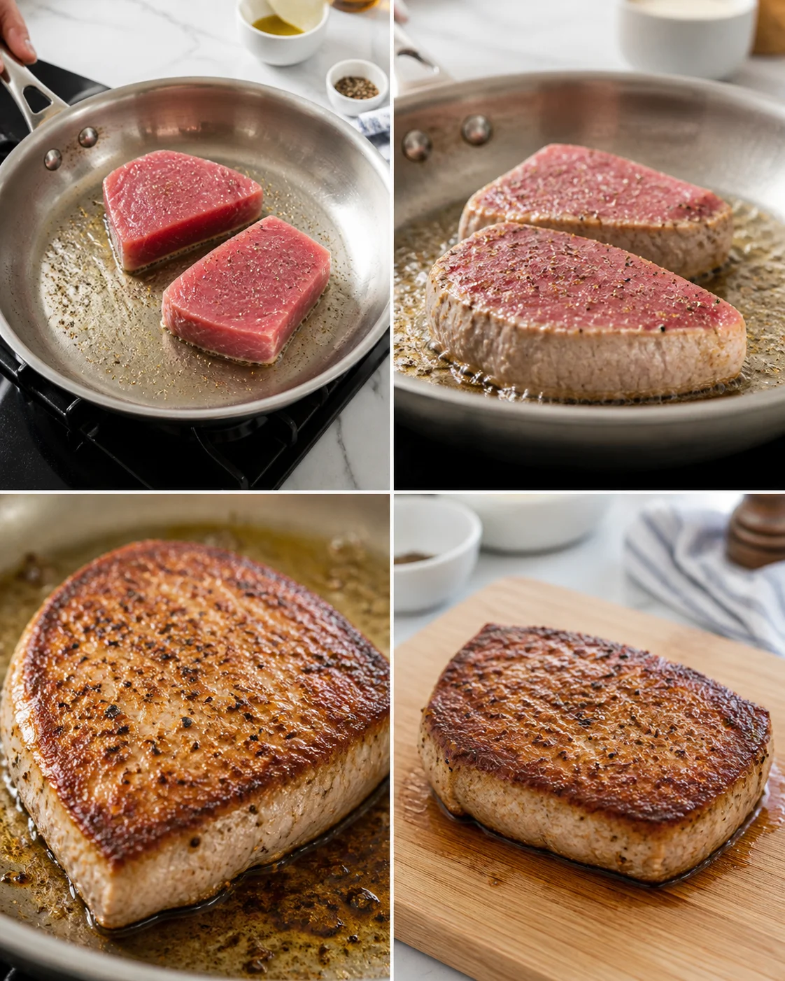 Collage showing steaks at stages of pan-searing, from raw to browned crust in a skillet.