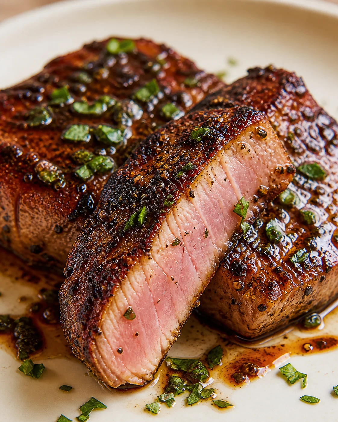 Close-up of a seared steak with pink center, topped with chopped herbs and glossy pan sauce.