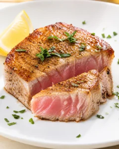 Thick seared tuna loin with pink center, pepper crust, lemon wedge, and chopped parsley on plate.