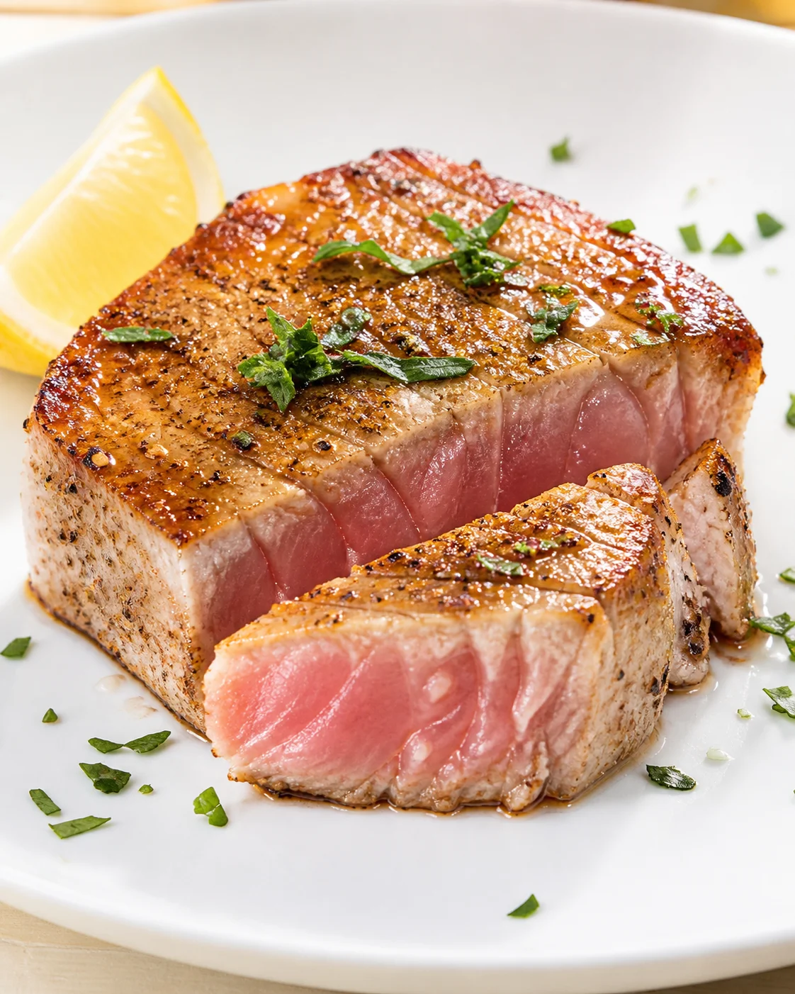 Thick seared tuna loin with pink center, pepper crust, lemon wedge, and chopped parsley on plate.