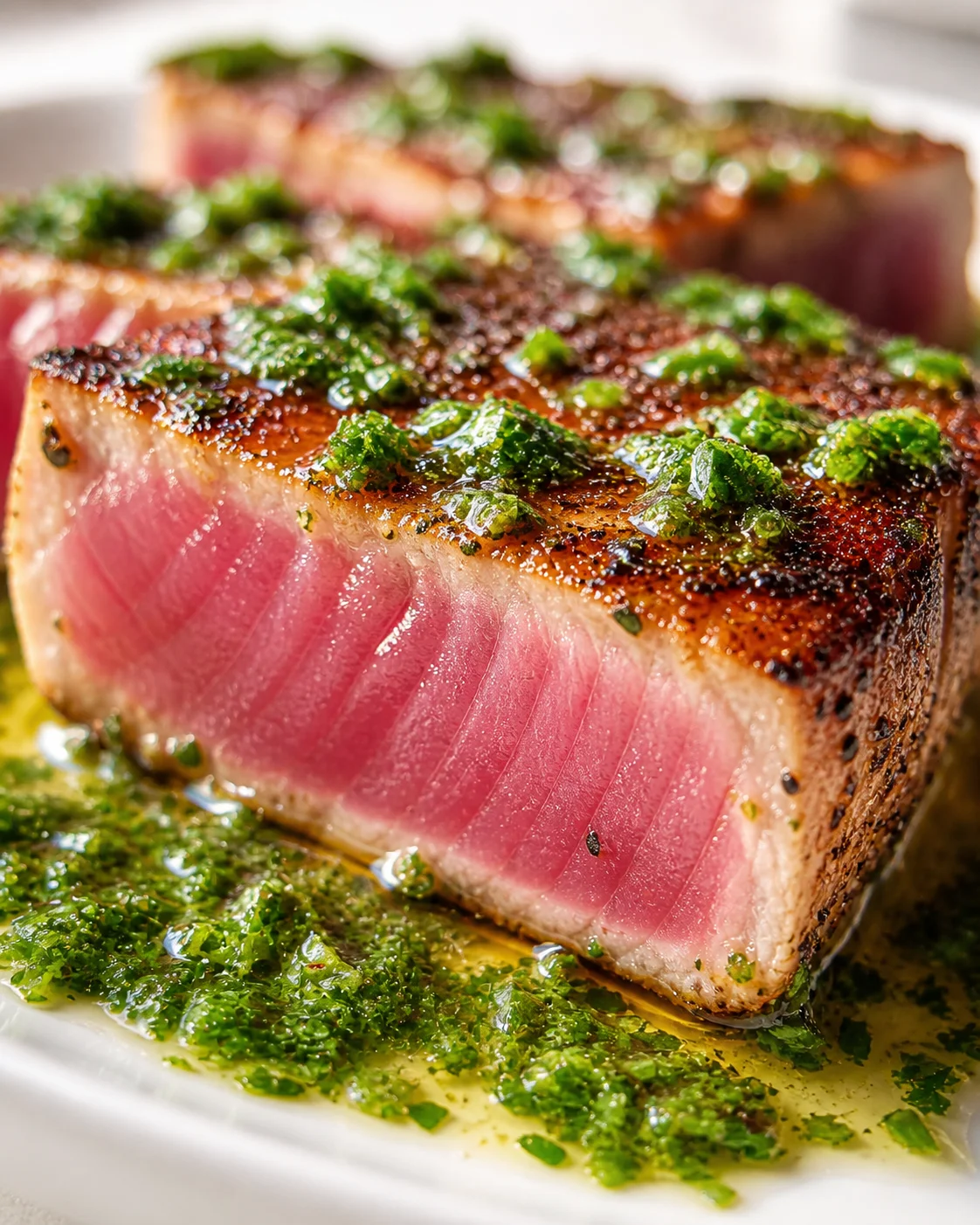 Close-up of a thick seared tuna steak with pink center, herb topping, and green sauce.