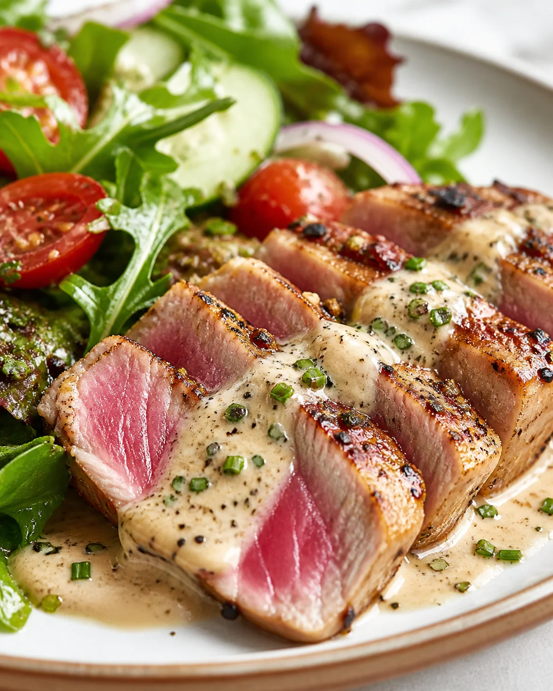 Sliced seared tuna with creamy pepper sauce beside a greens salad.