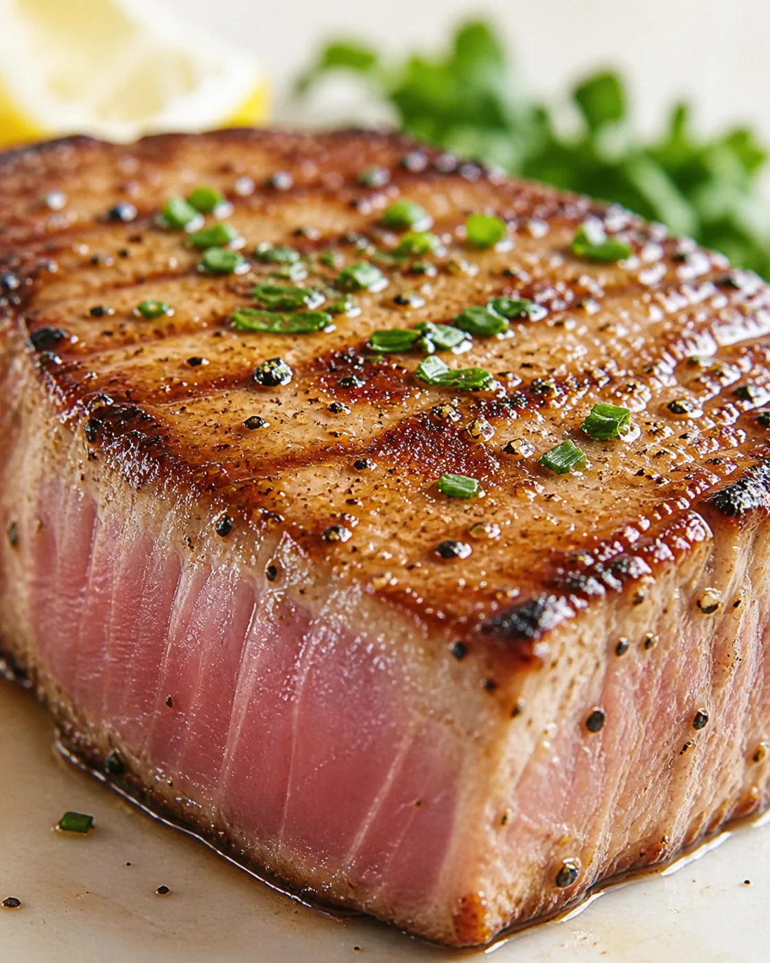 thick seared tuna steak with pink center, glistening crust, topped with chopped green herbs