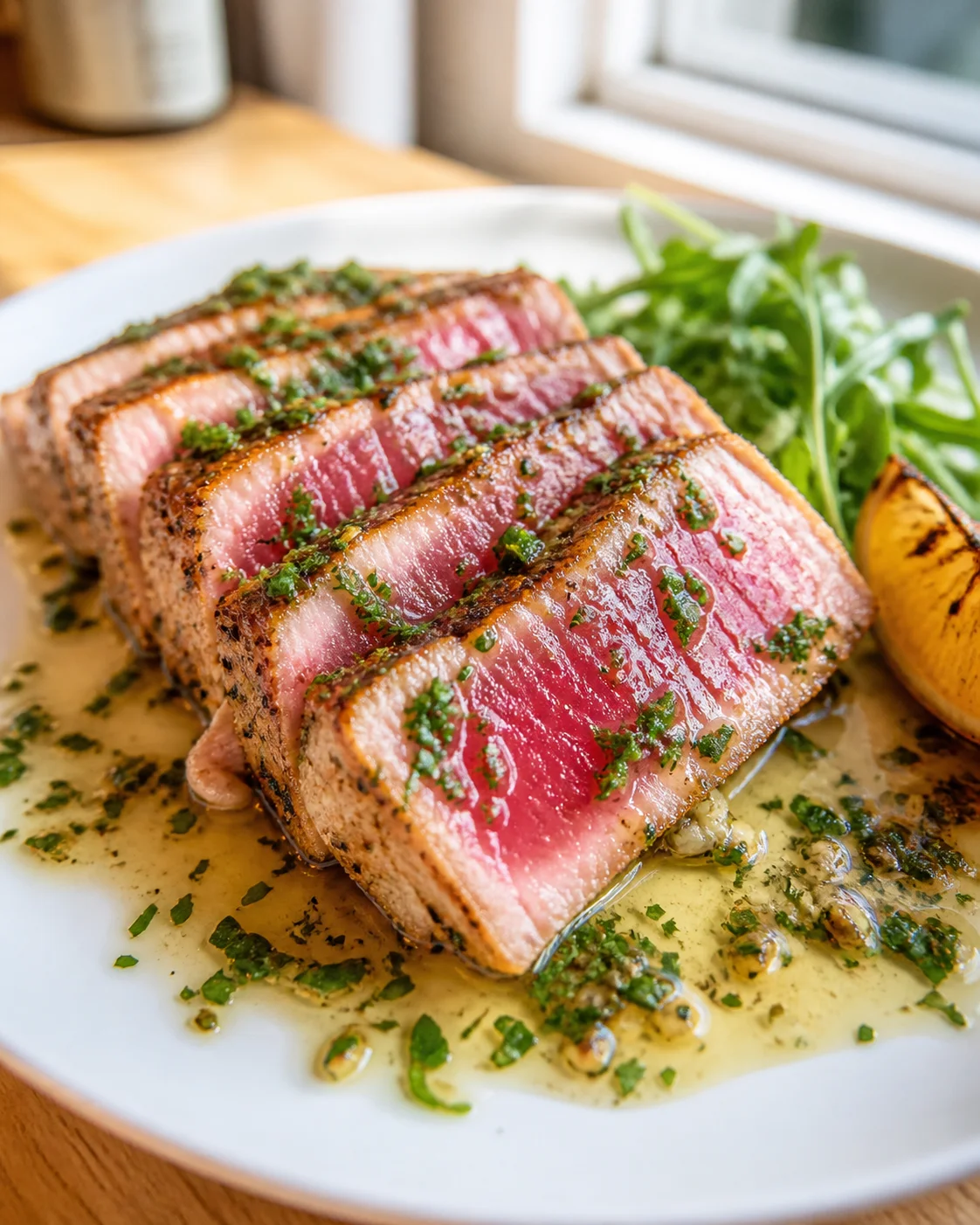 Sliced seared tuna steaks with a herb butter sauce on a white plate, greens, and a grilled lemon wedge.