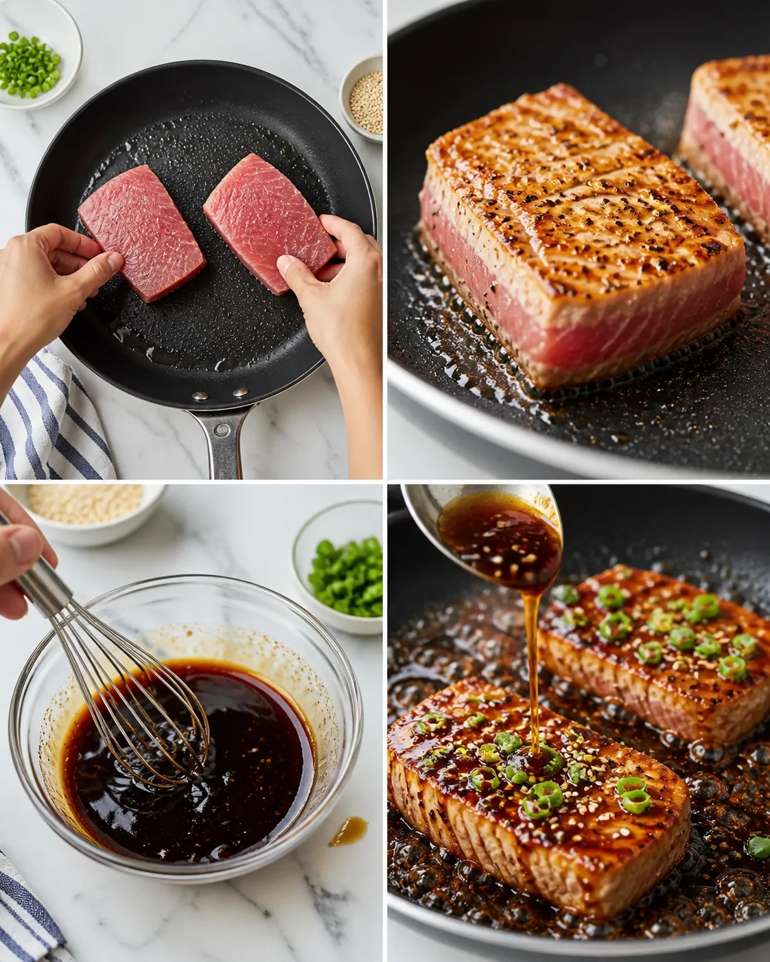 Collage of tuna steaks in a skillet: raw blocks, seared pieces, whisked glaze, and glazed slices