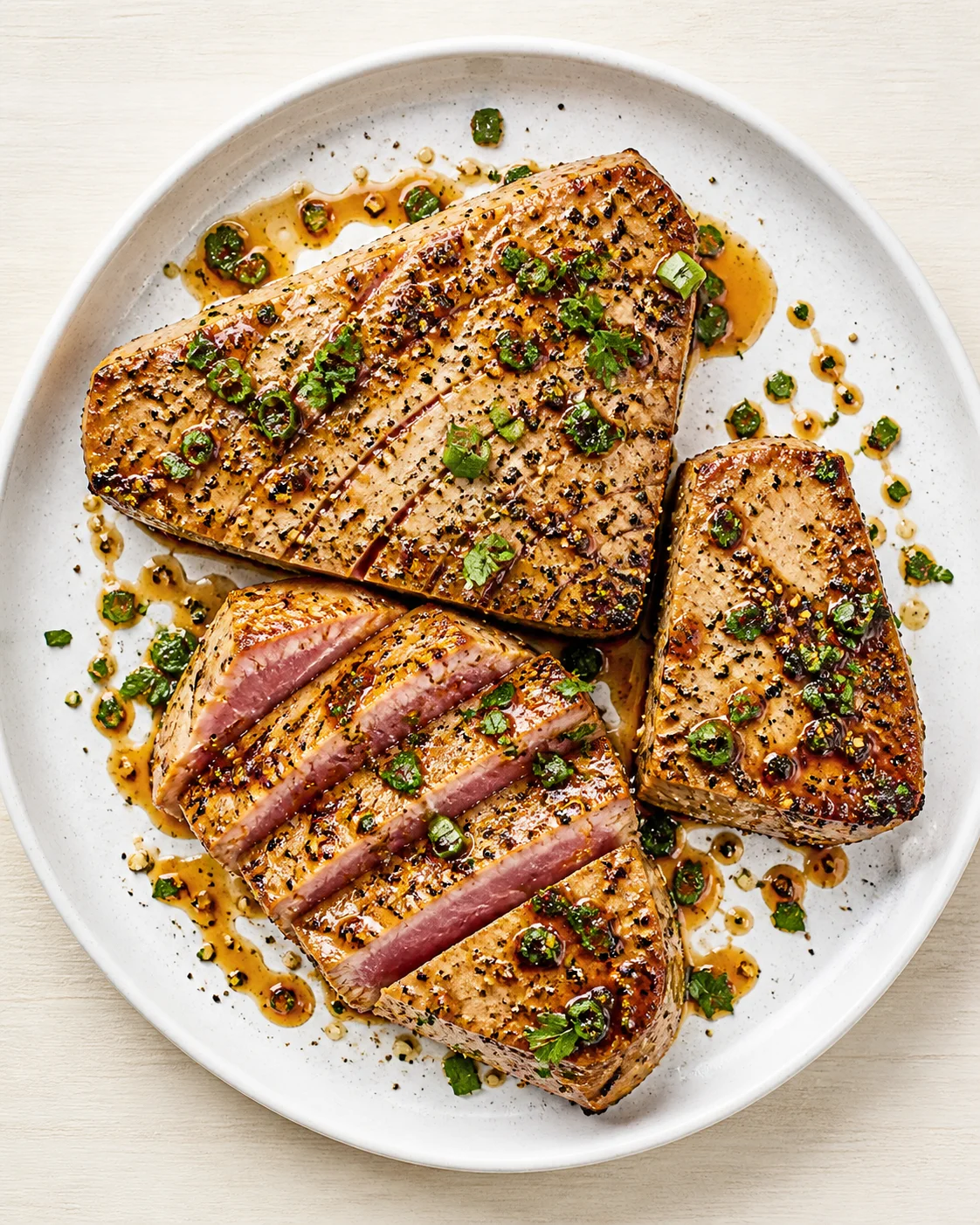 Three seared tuna steaks with pink centers, glazed, garnished with green onions and herbs on a speckled white plate