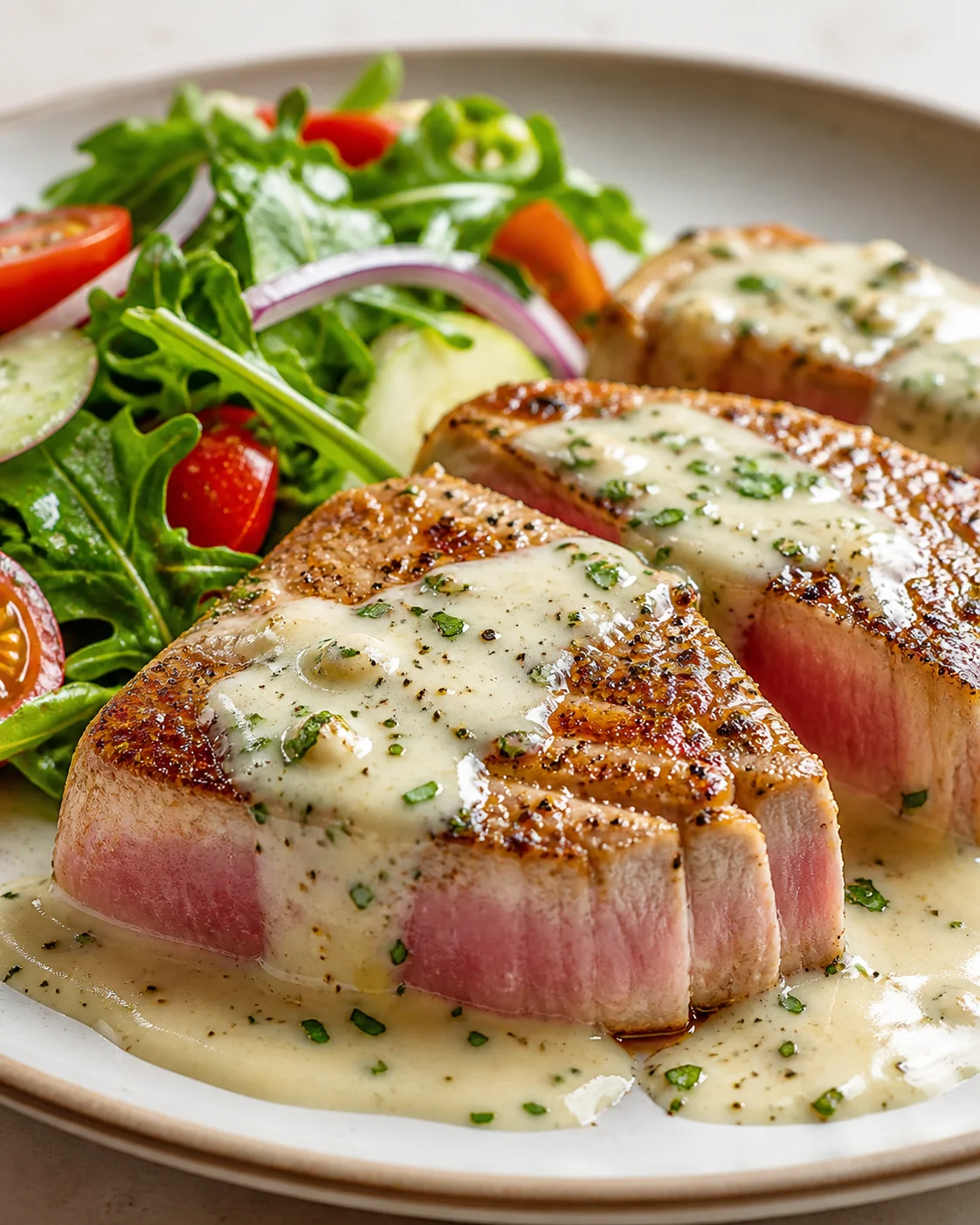 Seared tuna steaks with herb butter sauce beside a fresh greens salad.