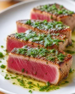 plated seared-tuna slices with parsley glaze and herb butter on white plate