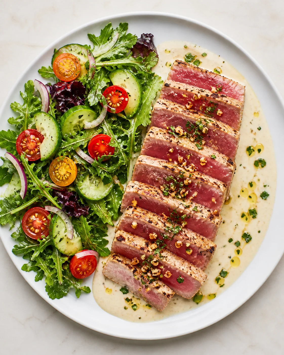 Sliced seared tuna on creamy sauce beside a vibrant cucumber and cherry tomato salad.