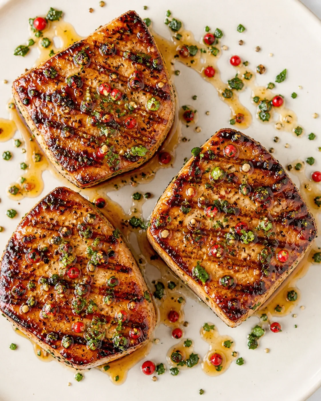 Three seared tuna steaks with herb peppercorn glaze on a white plate