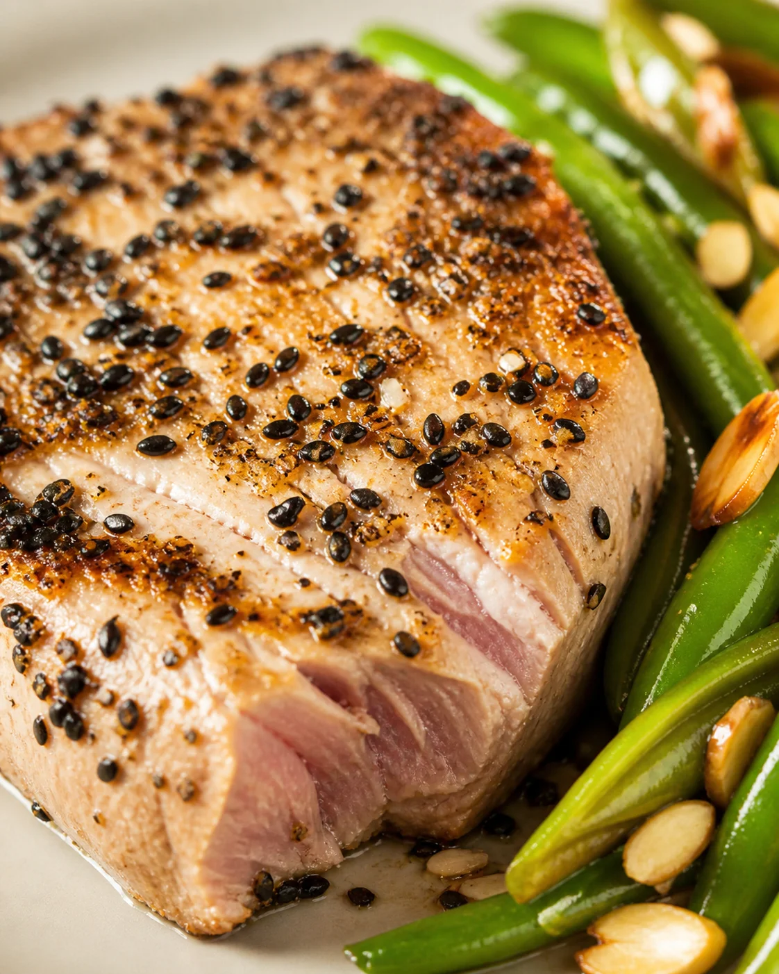 close-up of sesame-crusted pork tenderloin with green beans and sliced almonds on a plate