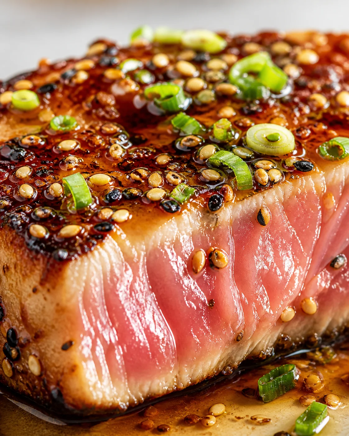 close-up of sesame-crusted steak with green onion slices on glossy glaze