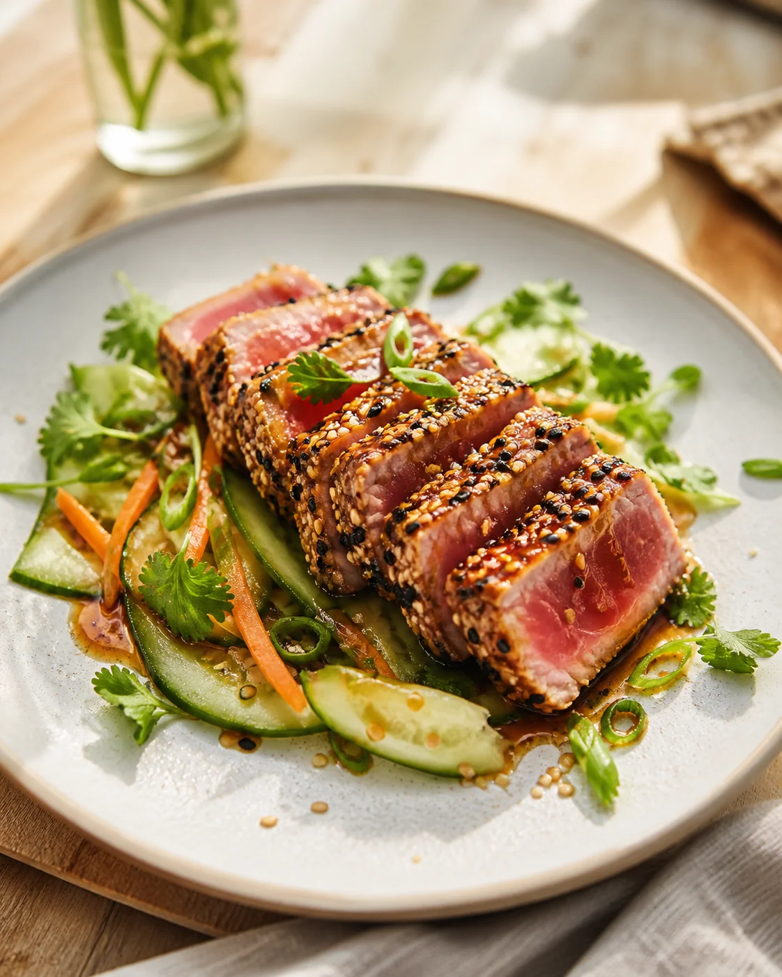 Slices of sesame-crusted tuna on a plate with cucumber ribbons, carrot, and cilantro.