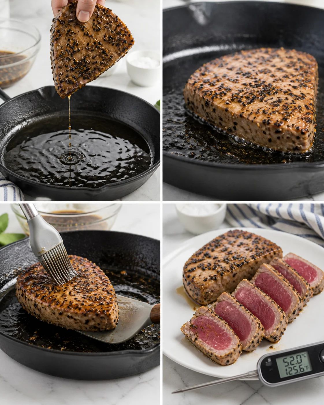 Collage of sesame-crusted tuna steak being seared, basted, and sliced on a marble counter.