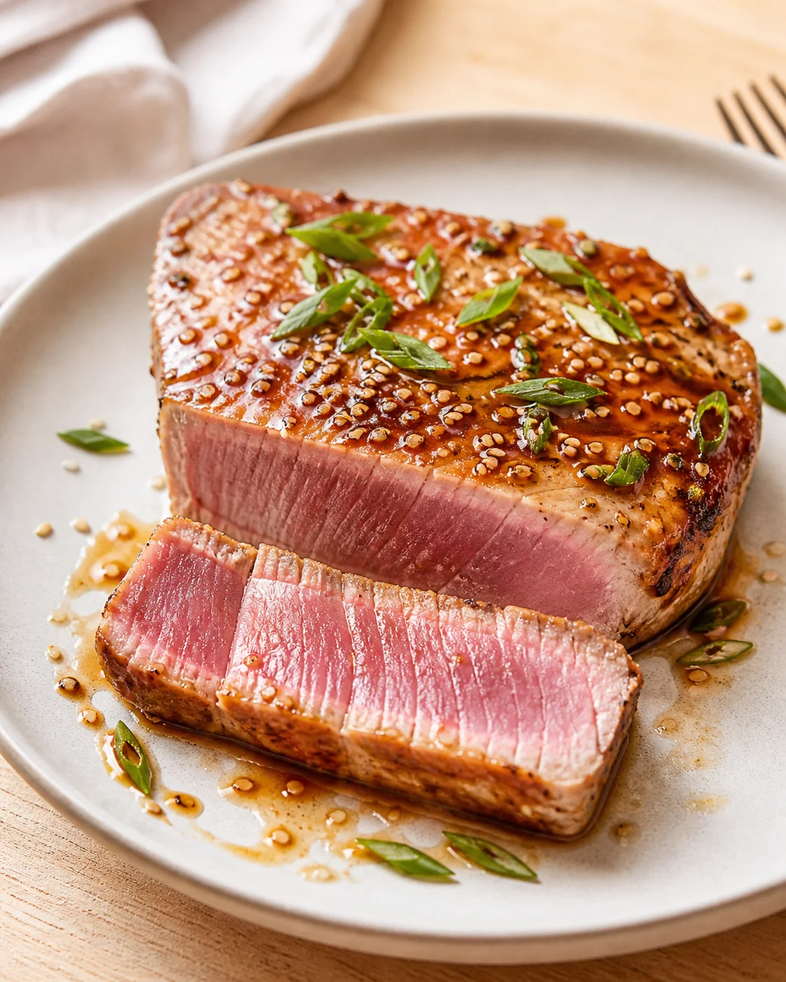 sesame-crusted seared tuna steak, pink center, sliced on a pale plate with greens
