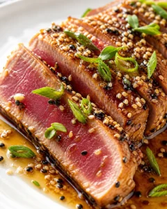 Close-up of sliced sesame-crusted tuna steaks with pink centers, sesame seeds, and green onion garnish on a white plate.
