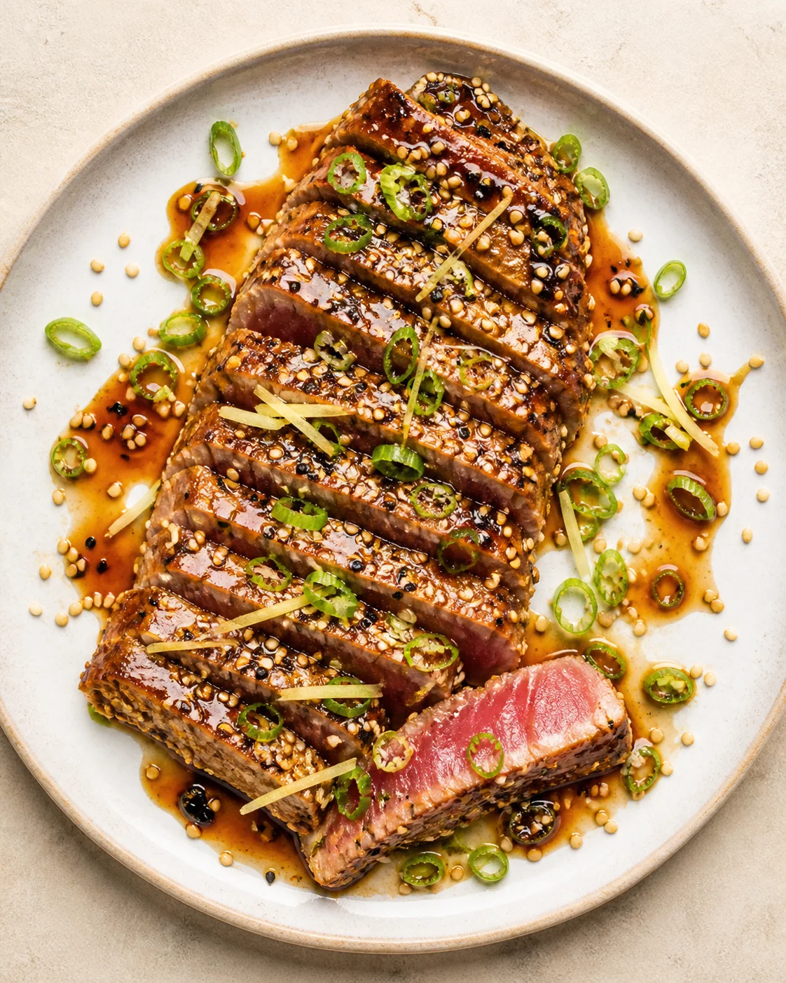sliced sesame-crusted tuna tataki with green onion rings on a glossy sauce.