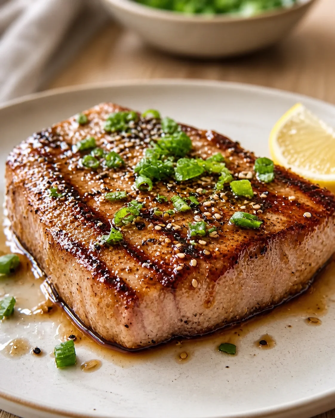 sesame-crusted seared tuna steak with green onion garnish and lemon wedge on plate