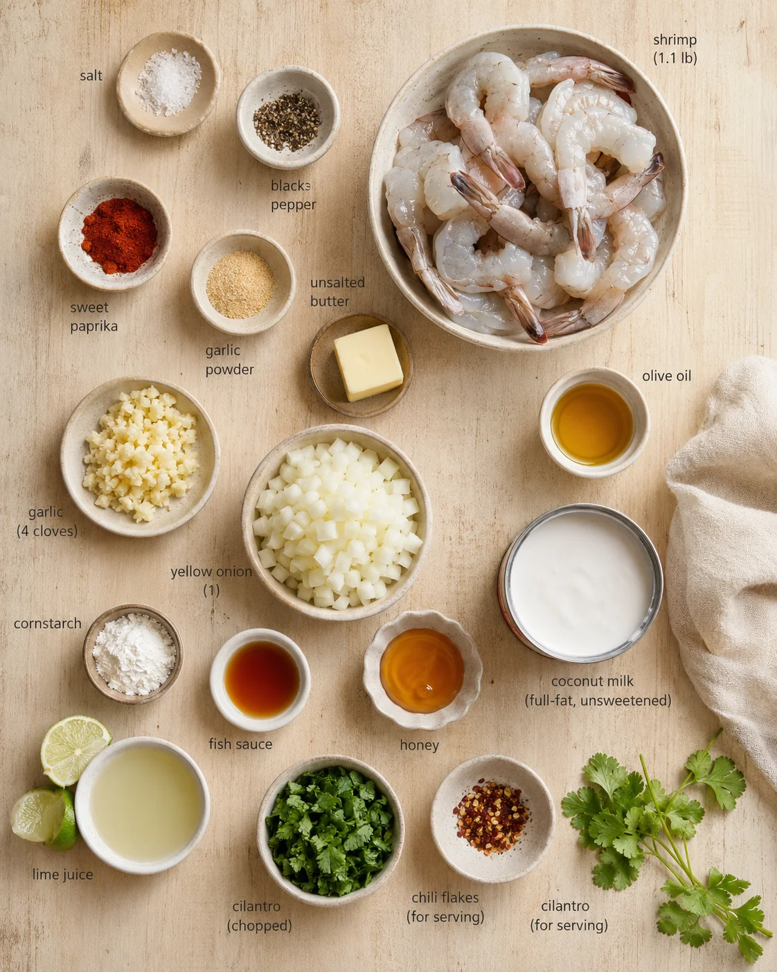 Top-down view of shrimp with labeled bowls of ingredients arranged on a wooden surface.