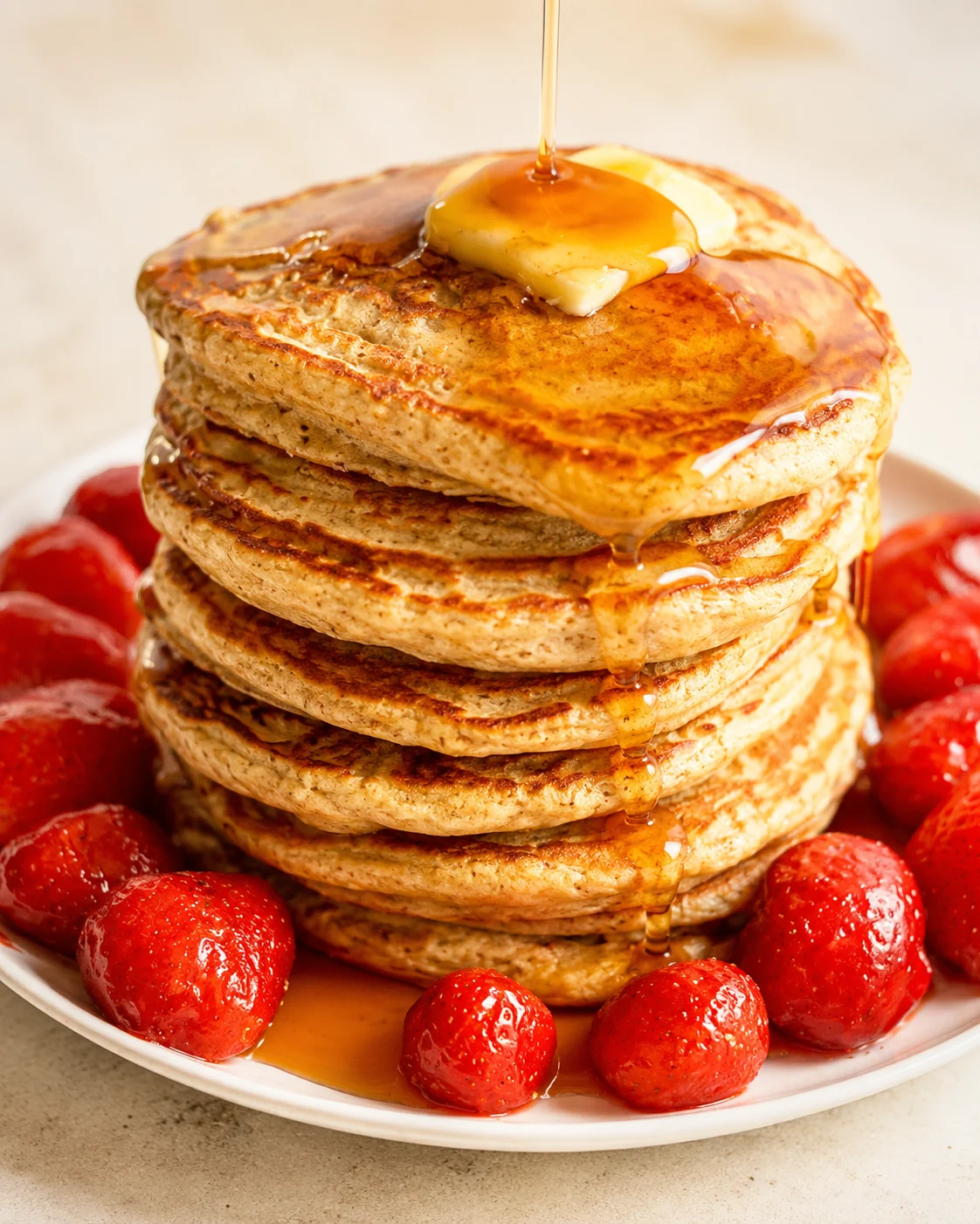 Piled stack of golden brown pancakes with butter and syrup, surrounded by fresh strawberries on a white plate.