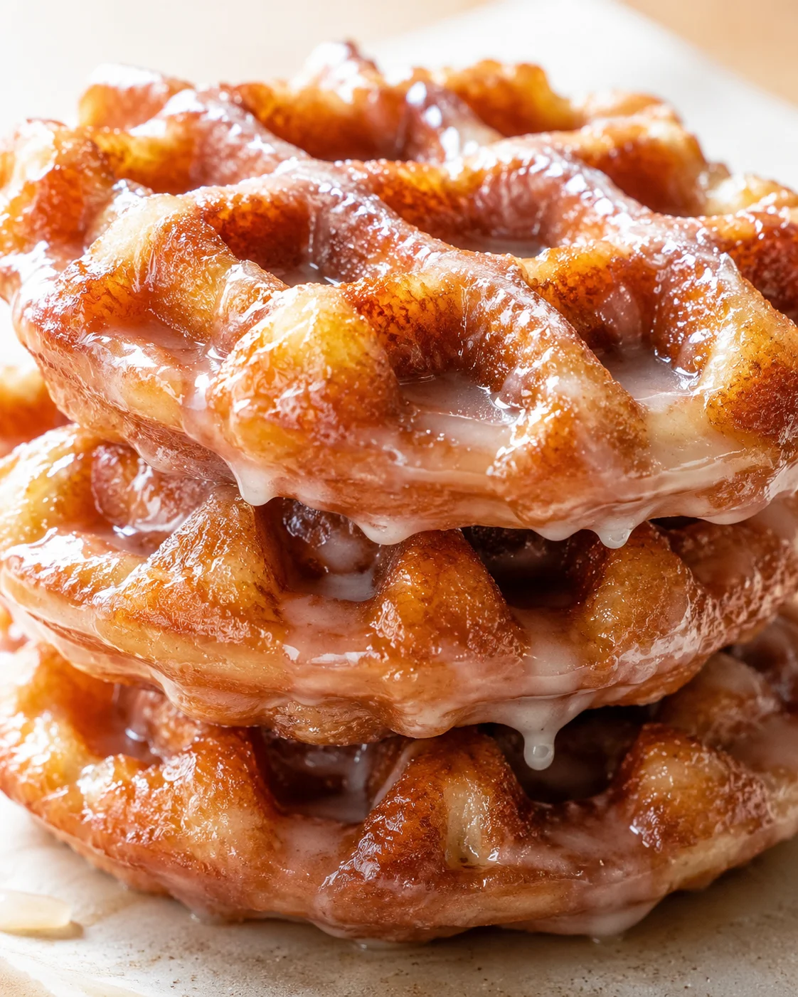 Close-up of stacked glazed cinnamon buns with glossy icing dripping between the rings.