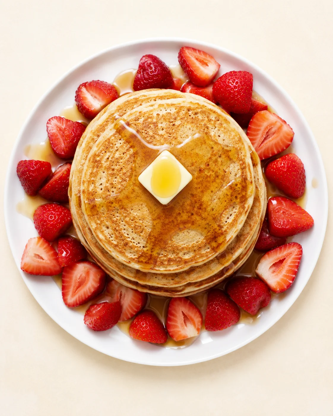 Top-down view of pancakes with melting butter, surrounded by sliced strawberries on a white plate.