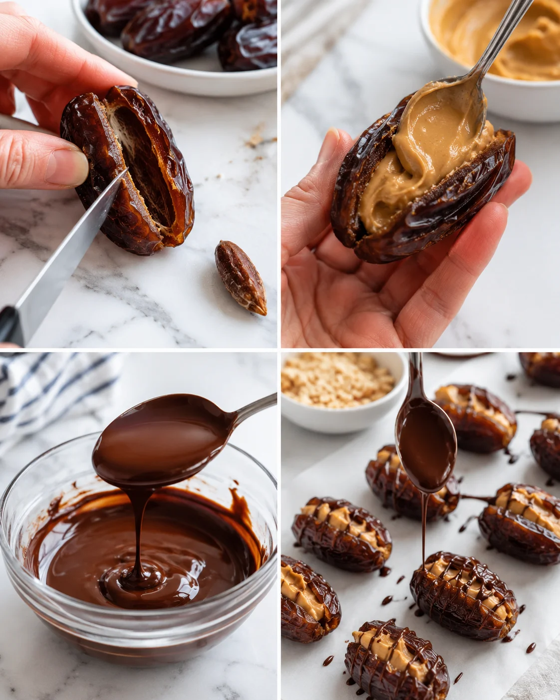 Series of shots showing date-pitting, peanut butter filling, and chocolate-dipping on a marble surface.
