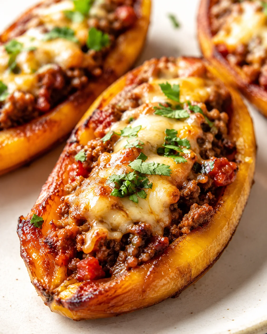 Golden baked potato half topped with seasoned beef, melted cheese, and cilantro garnish.