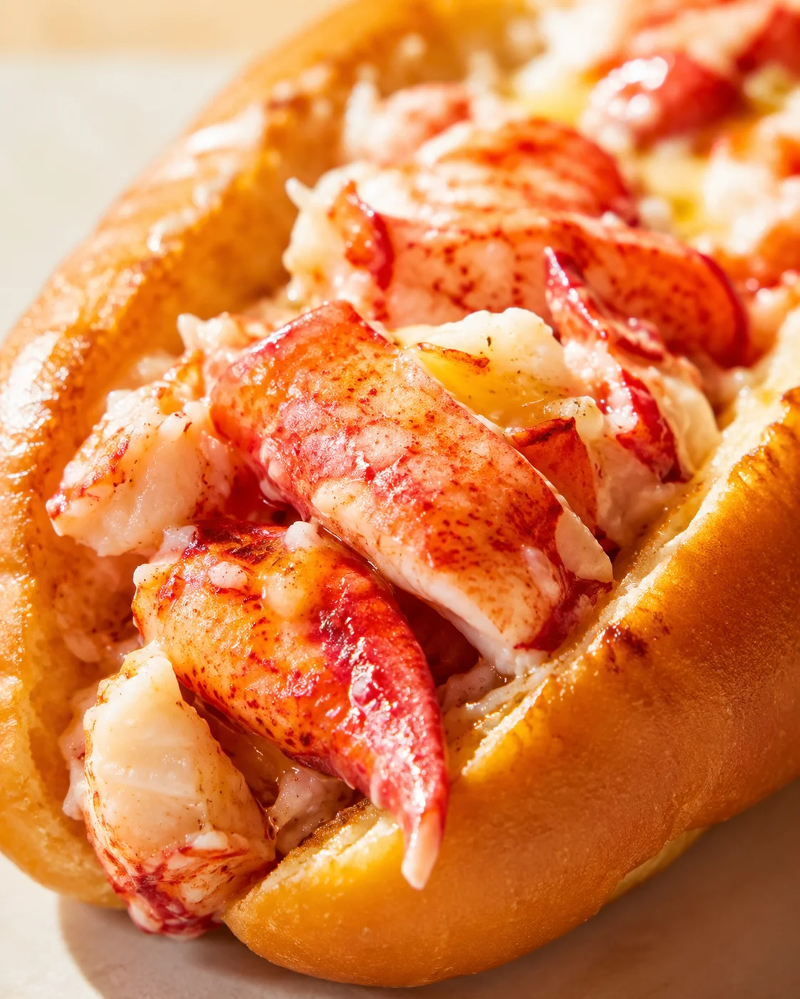close-up of lobster roll with creamy mayo in a toasted bun