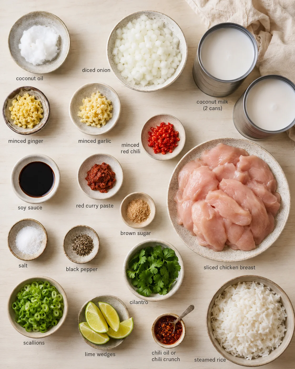 Overhead view of chicken and ingredients for Thai red curry arranged in bowls.