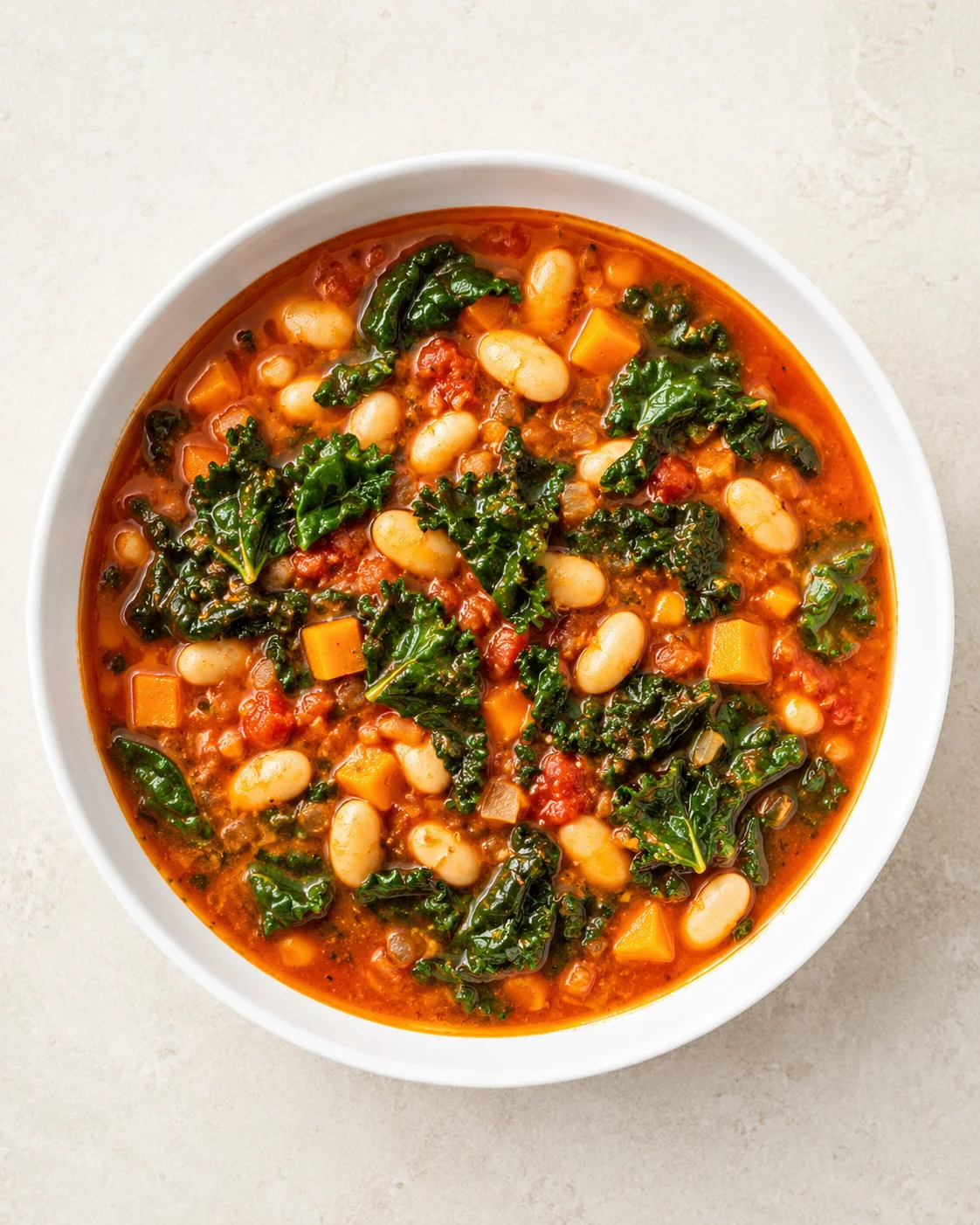 bowl of tomato-based white bean and kale soup with diced carrots on a light countertop.
