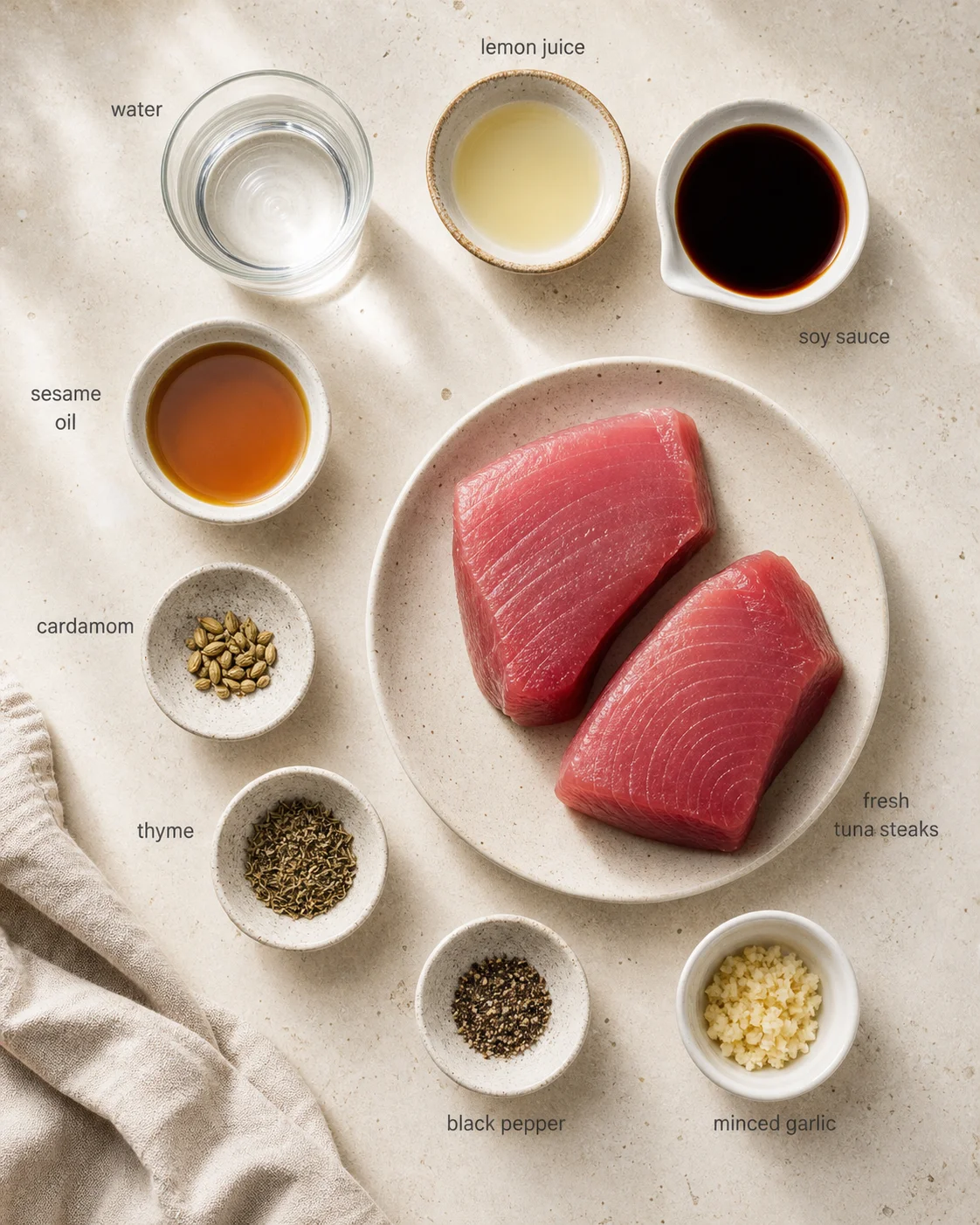 top-down view of fresh tuna steaks with labeled ingredients and spices on a beige countertop