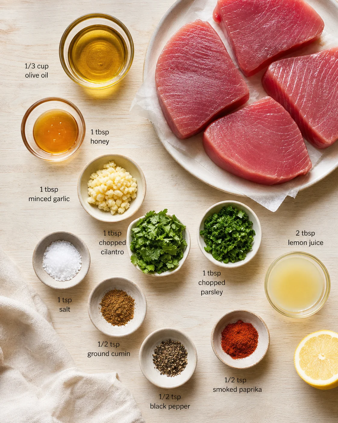 Overhead view of raw tuna steaks on parchment with oil, honey, garlic, herbs, and spices arranged in bowls.