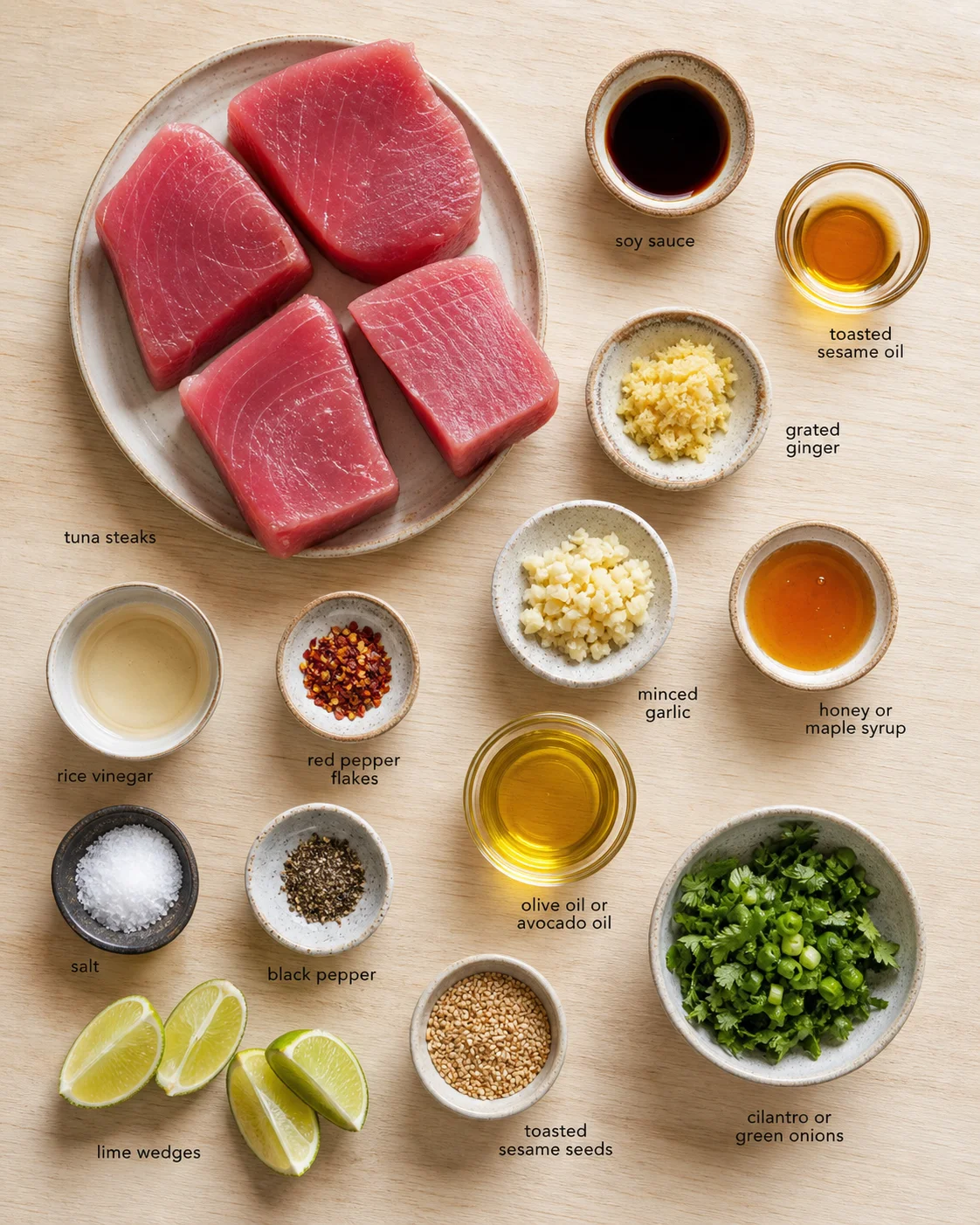 Flat lay of four tuna steaks with bowls of sauces and aromatics on a wooden table, labeled ingredients