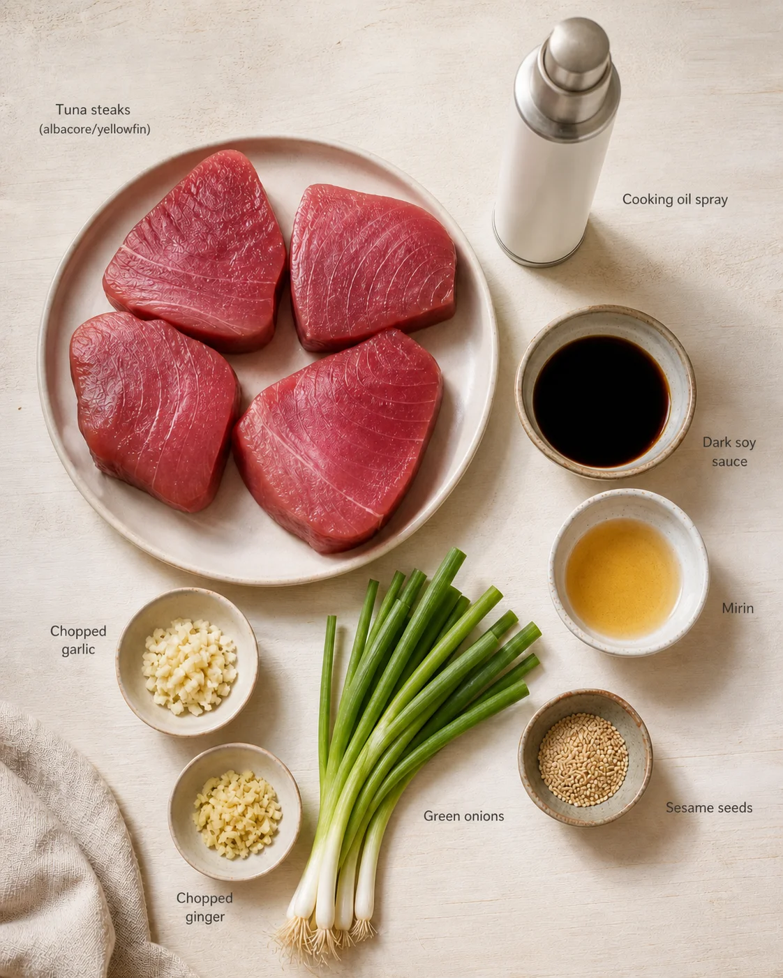 Top-down view of four raw tuna steaks surrounded by garlic, ginger, green onions, sesame seeds, sauces.
