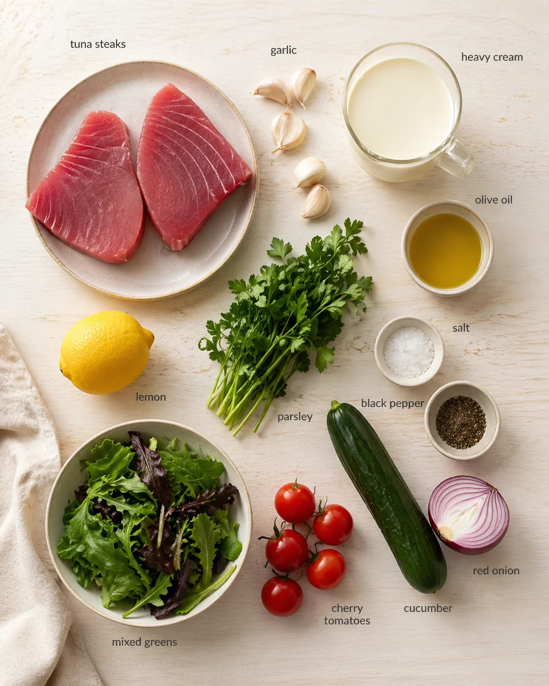 Overhead shot of tuna steaks with garlic, cream, herbs, lemon, and vegetables on a light wooden surface.